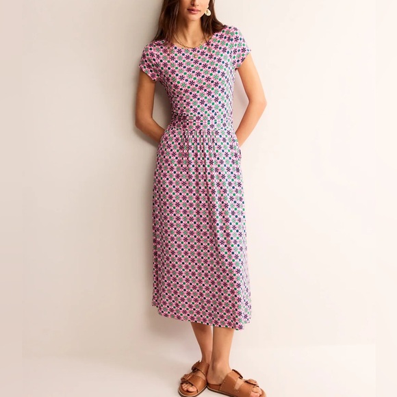 Boden Amelie Jersey Midi Dress in Pink Power Botanic Tile Size US 8 - Picture 2 of 10
